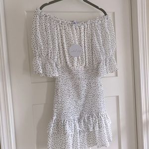 Petal & Pup never been worn off the shoulder white and black polka dot dress